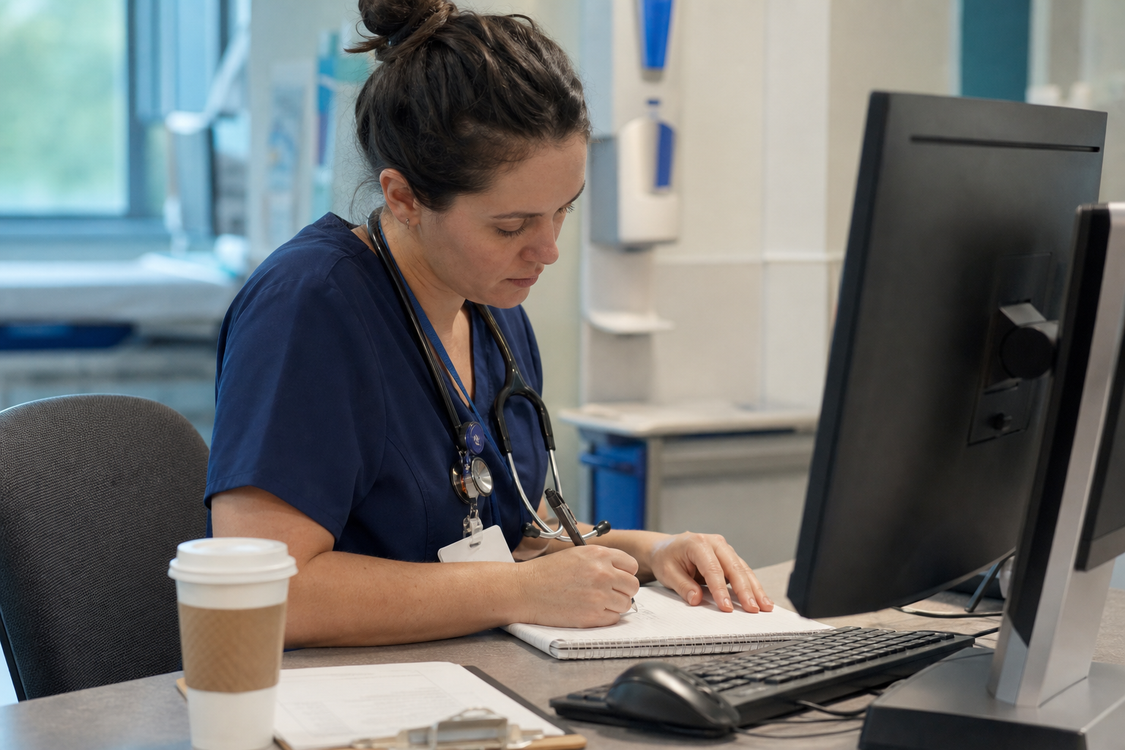 A nurse charting at a hospital workstation